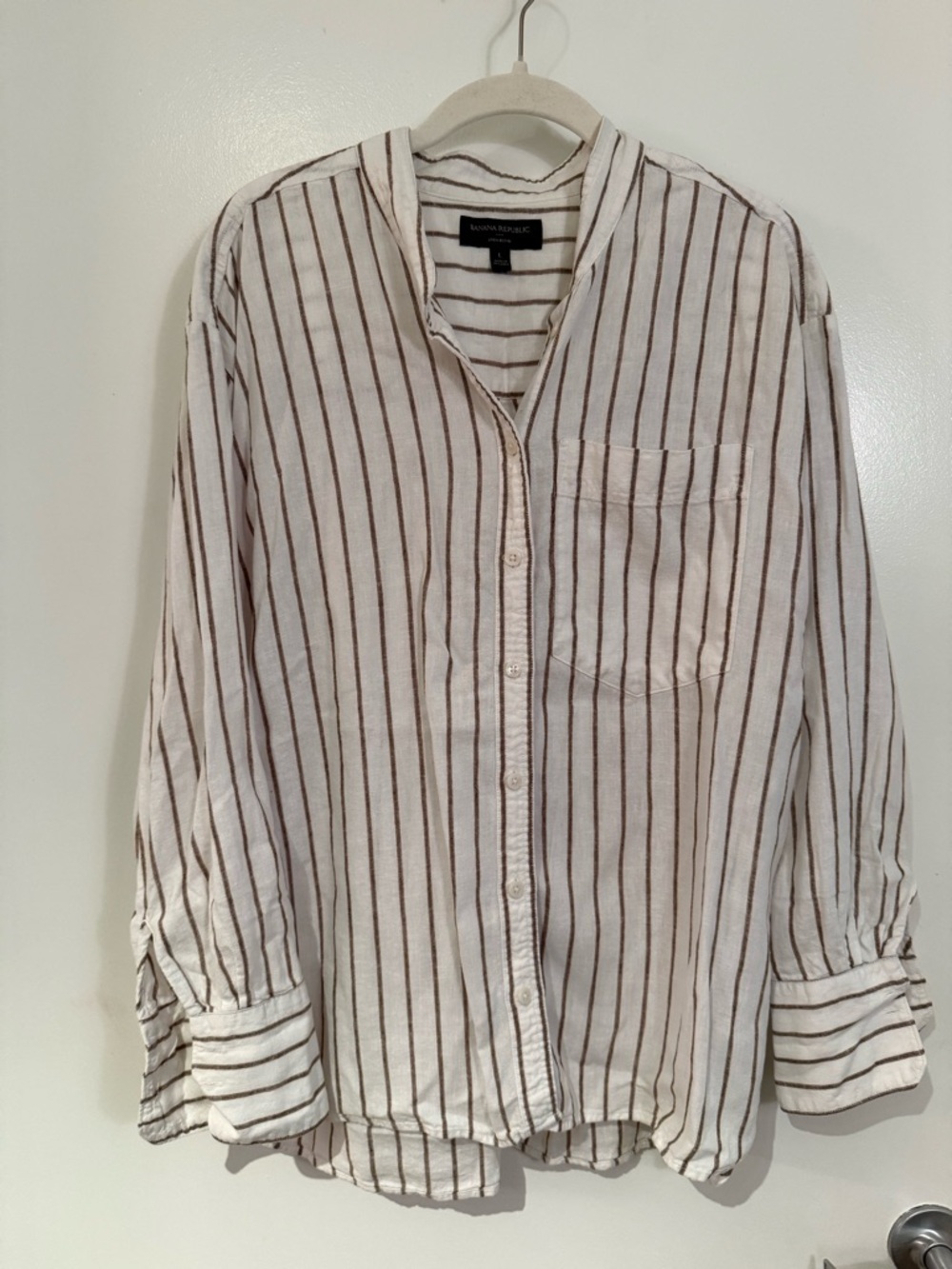 Banana Republic White Shirt with Brown Vertical Stripes